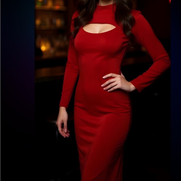 Say What Ribbed Cutout Long Sleeve Sweater Dress Midi - Red Metallic size L - Picture 1 of 8